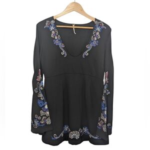 Free People Black Comb Embroidered V-Neck Long Sleeve Mini Dress Size 8